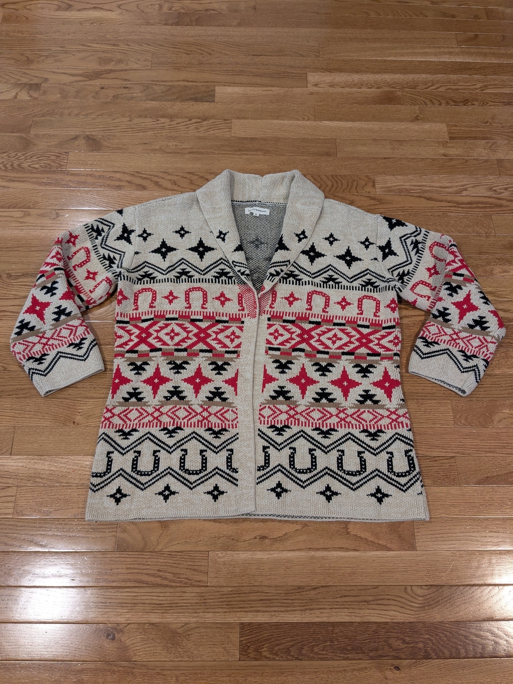 Lucky Brand Horseshoe Aztec Western Cardigan Sweater - Cream, Red & Black XL